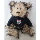 Loveheart Bears Rufus plush bear wearing blue jumper embroidered with BRDC badge, Loveheart Bears