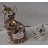 Two Royal Crown Derby paperweights - a seated tabby cat and harvest mouse (the harvest mouse has a