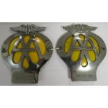 Two 1960s domed metal and yellow enamel AA badges, numbered 4B53536 and 8B08608