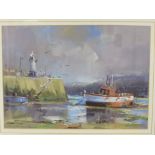 Ray Balkwill (b 1948) - boat at low tide beside lighthouse and quay, pastel, signed in pencil