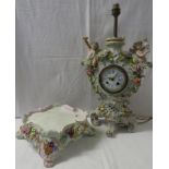 Meissen style Berlin porcelain table clock mounted with an electric lamp, painted and encrusted with