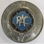 A round Royal Automobile Club Associate badge with blue and white enamel lozenge, diameter 77mm,