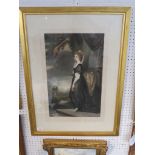 Portrait of lady on marble steps with curtain and landscape beyond, colour print, signed in pencil