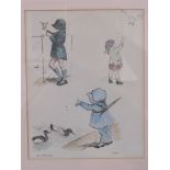 Colour print - vignettes of children feeding birds, signed and dated in pencil J H Dowd 1941, (