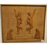 Framed wall plaque with hessian fibre ground applied with four carved wooden figures in Chinese