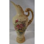 Royal Worcester blush porcelain ewer painted with sprays of yellow, pink and mauve flowers, double