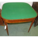 Victorian banded mahogany card table, hinged top, square tapering legs with boxwood stringing, the