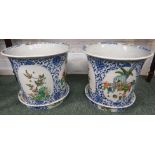 A pair of Chinese porcelain planters or jardinieres with dishes, the exteriors decorated with