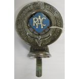 Royal Automobile Club Associate badge with spoked wheel and blue and white enamel lozenge device,