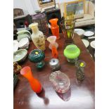 DECORATIVE COLOURED GLASSWARE INCLUDING VASES, FLOWER ARRANGERS AND ASHTRAY, ETC