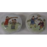 Pair of Chinese porcelain circular pots, the lids enamelled with boys playing musical instruments,