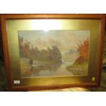 Autumn landscape with lake and men in boat, watercolour, signed and dated S G Reid 1890 lower right,
