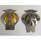 Chromium and yellow enamel domed AA badge numbered O302449, and another AA badge numbered O795776