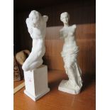 PAINTED CLAY FIGURE OF CLASSICAL STATUE TOGETHER WITH PAINTED PLASTER STATUE OF MAN ON PLINTH (A/F)