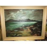 Irish Coast scene with cloudy skies, oil on canvas, signed lower right, (55.5cm x 75cm), cream