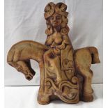 Allegorical studio pottery figure of woman on horse with bird, height 27cm