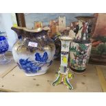 DOULTON WASH JUG WITH BLUE FLOWERS AND GILT TRANSFER DECORATION, ORIENTAL STYLE VASE WITH SCENES