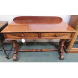 Late Victorian side table with back rail and two drawers, sectional end legs with baluster turned