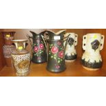 PAIR OF BLACK GROUND CERAMIC VASES DECORATED WITH FLOWERS, PAIR OF LIGHT GLAZED TWO HANDLED VASES