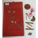 Box of Chinese box lid locks and keys, a lacquered lid, together with red lacquer panel carved and