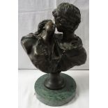 After Jean-Antoine Houdon (1741-1828) - a bronze reproduction bust of kissing couple, signed HOUDON,
