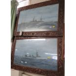 TWO OAK FRAMED STUDIES OF BATTLESHIPS IN GOUACHE, INITIALLED AND DATED 1923