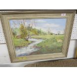 FRAMED ACRYLIC ON BOARD OF RIVER SCENE SIGNED VINCENT PETERSON LOWER RIGHT