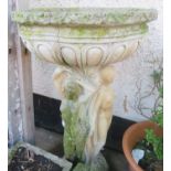 COMPOSITE STONE ORNATE BIRDBATH WITH FEMALE FIGURES TO COLUMN (A/F)