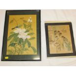 Chinese painting on silk depicting garden scene with woman painting scroll and two onlookers in