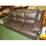 BROWN LEATHER THREE SEATER ELECTRIC RECLINING SOFA