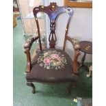 MAHOGANY INLAID CARVER CHAIR WITH UPHOLSTERED SEAT (A/F) AND TRIPOD WINE TABLE
