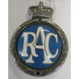 Metal and enamel RAC domed badge, circular and surmounted with crown, diameter 79mm, height 105mm