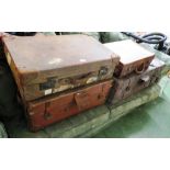 THREE VINTAGE LEATHER TRAVEL CASES AND LEATHER TRAVEL CHEST