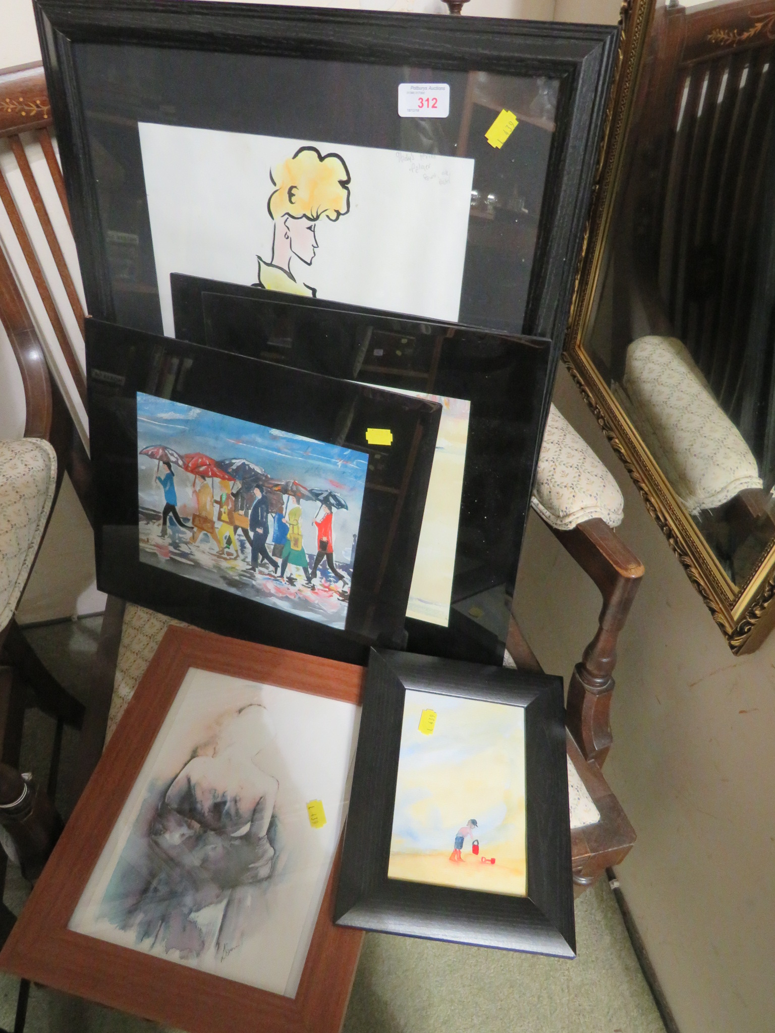 SIX FRAMED WATERCOLOUR AND CHARCOAL PICTURES