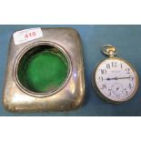 TRAVEL WATCH WITH SILVER AND LEATHER CLAD CASE LINED WITH GREEN SILK AND VELVET, DIAL SIGNED