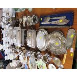 LARGE SELECTION OF SILVER PLATED METALWARE INCLUDING TEA WARE, BURNER, ETC