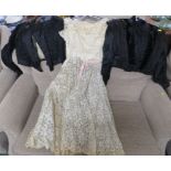 TWO VICTORIAN LADY'S BLACK SILK AND VELVET JACKETS, TOGETHER WITH A VINTAGE LACE DRESS (A/F)