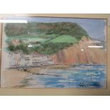 FRAMED AND MOUNTED WATERCOLOUR OF SIDMOUTH SEAFRONT AND CLIFFS SIGNED HELEN CROUCH