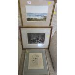 FRAMED AND MOUNTED TINTED ENGRAVING 'THE POST OFFICE', WATERCOLOUR OF BREAKING WAVES AND SKETCH OF