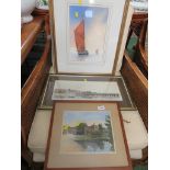 FRAMED AND GLAZED WATERCOLOUR OF SAILING BOATS SIGNED LOWER LEFT, FRAMED WATERCOLOUR OF COTTAGES AND