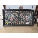 EBONISED WOODEN TRAY WITH GLAZED NEEDLEWORK DEPICTING BIRDS