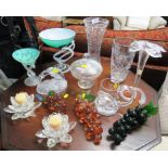 QUANTITY OF DECORATIVE GLASS INCLUDING CUT GLASS VASES, CANDLE HOLDERS, BLOWN GLASS STEMMED VASE,