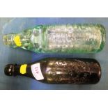 VALLANCE OF SIDMOUTH GREEN GLASS BOTTLE TOGETHER WITH COLBERG OF OTTERY ST MARY COD BOTTLE