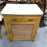 20th Century 2 over 1 pine pastry table/side unit with original scumble and stone enameled top