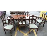 Reproduction hardwood Chippendale style long table (106cm x 213cm) with 8 matching dining chairs