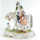 A continental capo demonte style large porcelain figure group of man on horse with lady and dog,