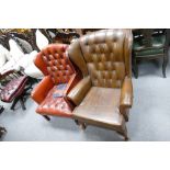 Wingback Chesterfield in brown leather and a similar high back arm chair in red leather (2)