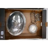 A mixed collection of metal ware items to include a silver plated serving tureen with burner,