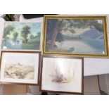 A collection of mixed media artworks to include landscapes and similar lithographs,
