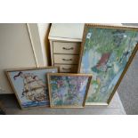 A selection of framed tapestries to include two cottage scenes and a flag ship (3)